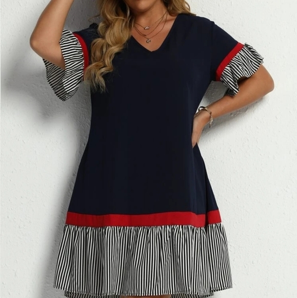 SHEIN Dresses & Skirts - SHEIN Women's Contrast Stripped Flounce Sleeve Smock Dress NWOT